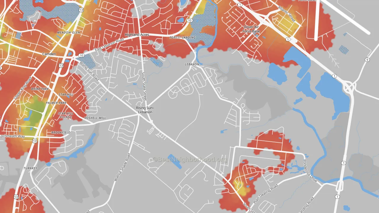 Walk Grade map of Rising Sun-Lebanon, Magnolia, DE, walkable areas in green and car-dependent areas in red