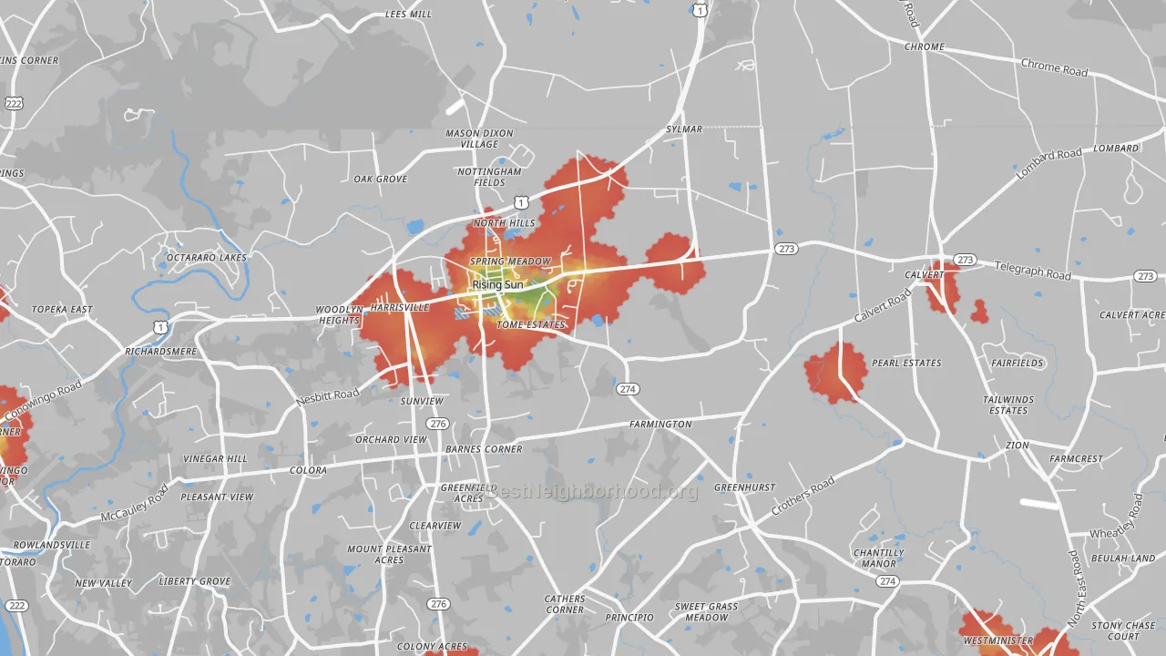 Walk Grade map of Rising Sun, MD, walkable areas in green and car-dependent areas in red