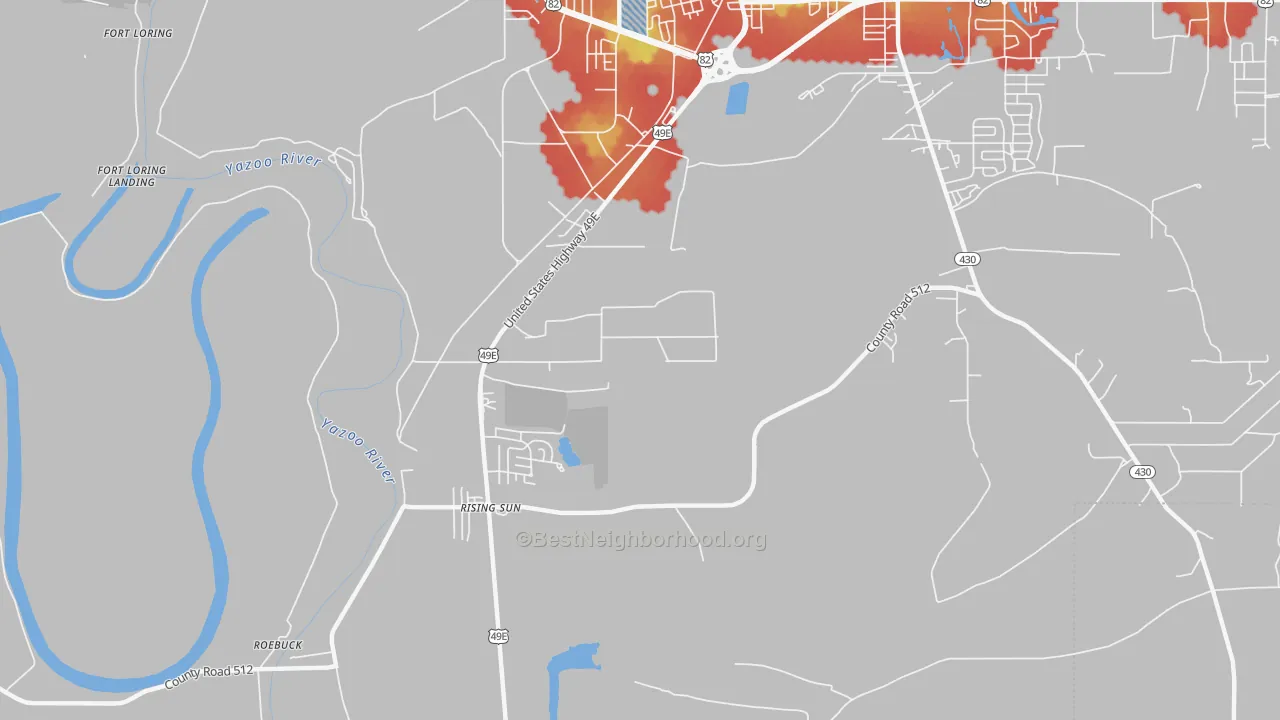 Walk Grade map of Rising Sun, MS, walkable areas in green and car-dependent areas in red