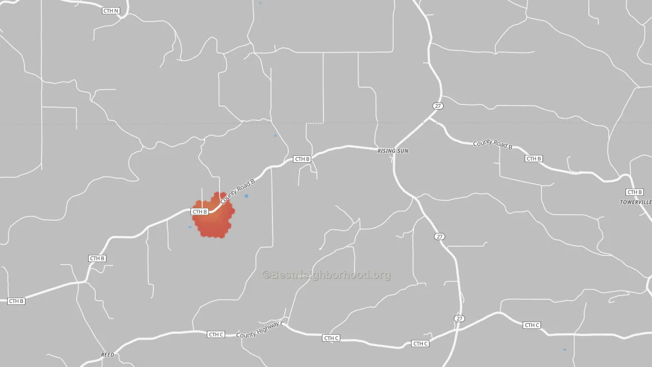 Walk Grade map of Rising Sun, WI, walkable areas in green and car-dependent areas in red