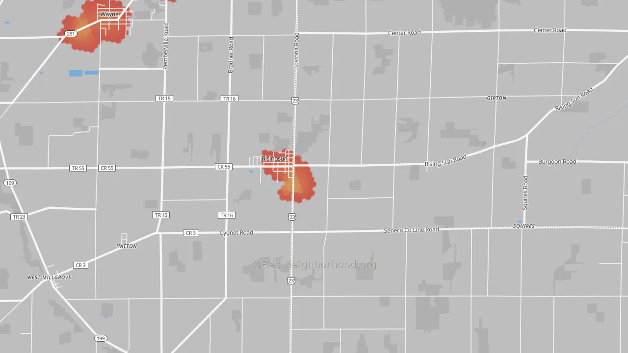 Walk Grade map of Risingsun, OH, walkable areas in green and car-dependent areas in red