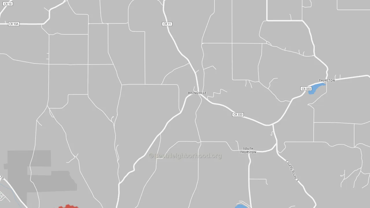 Walk Grade map of Risingville, NY, walkable areas in green and car-dependent areas in red