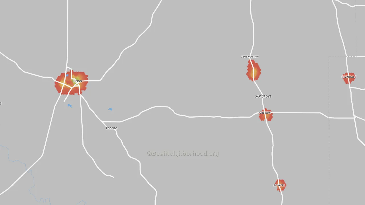 Walk Grade map of Rison, AR, walkable areas in green and car-dependent areas in red