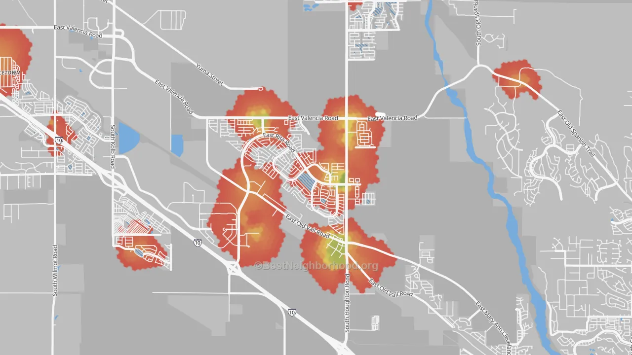 Walk Grade map of Rita Ranch, Tucson, AZ, walkable areas in green and car-dependent areas in red