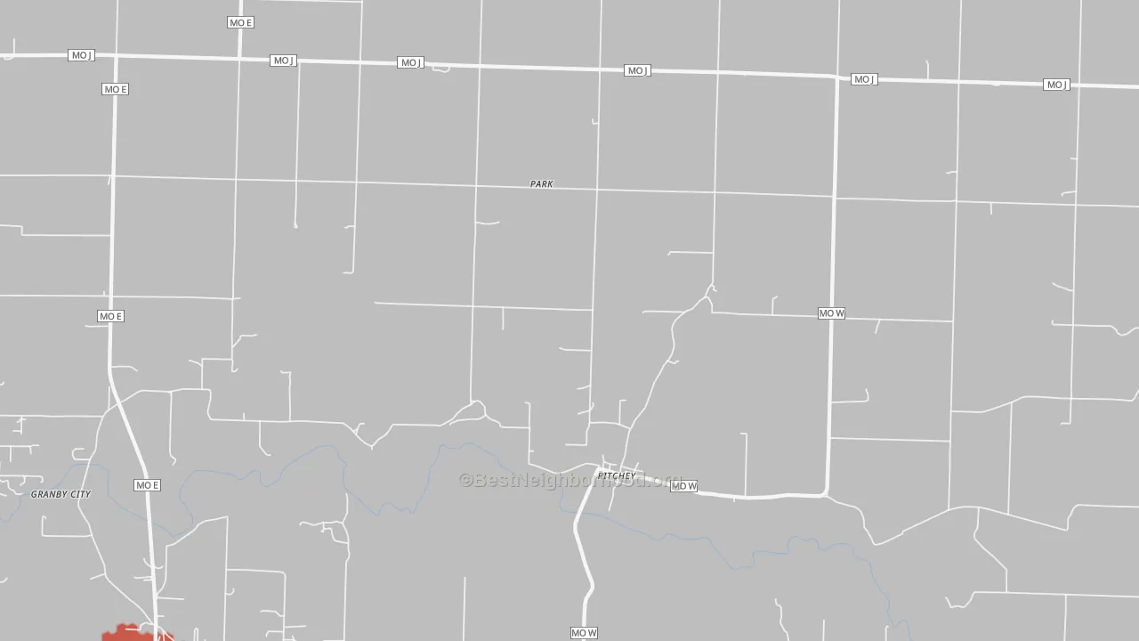 Walk Grade map of Ritchey, MO, walkable areas in green and car-dependent areas in red