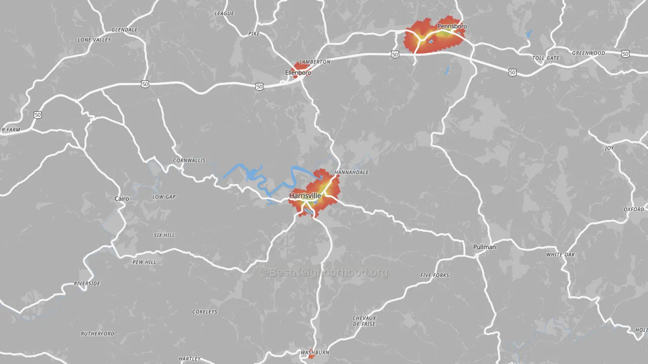 Walk Grade map of Ritchie County, WV, walkable areas in green and car-dependent areas in red