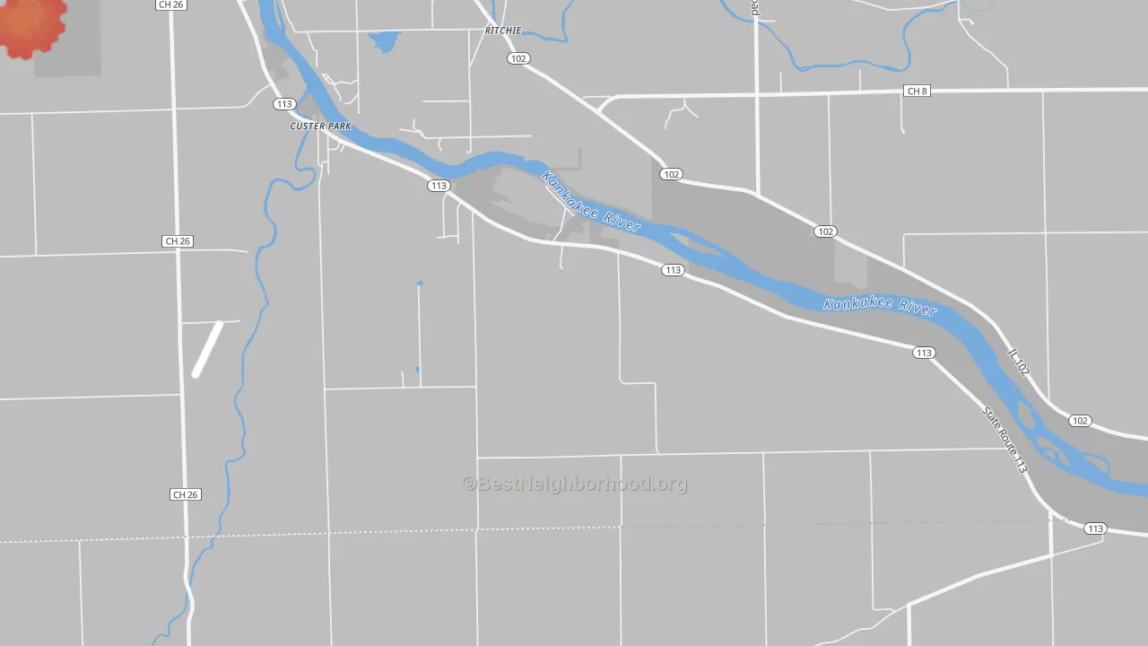 Walk Grade map of Ritchie, IL, walkable areas in green and car-dependent areas in red