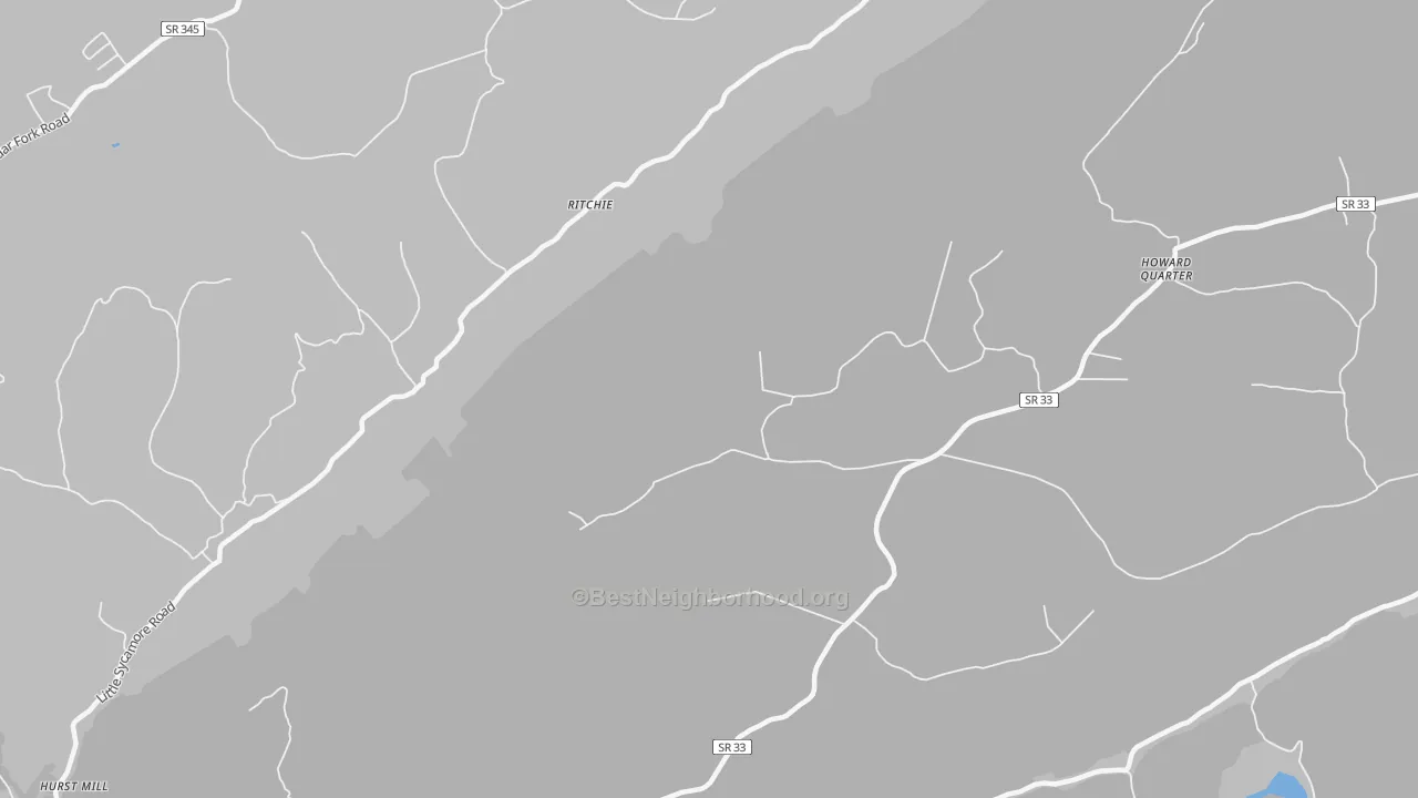 Walk Grade map of Ritchie, TN, walkable areas in green and car-dependent areas in red
