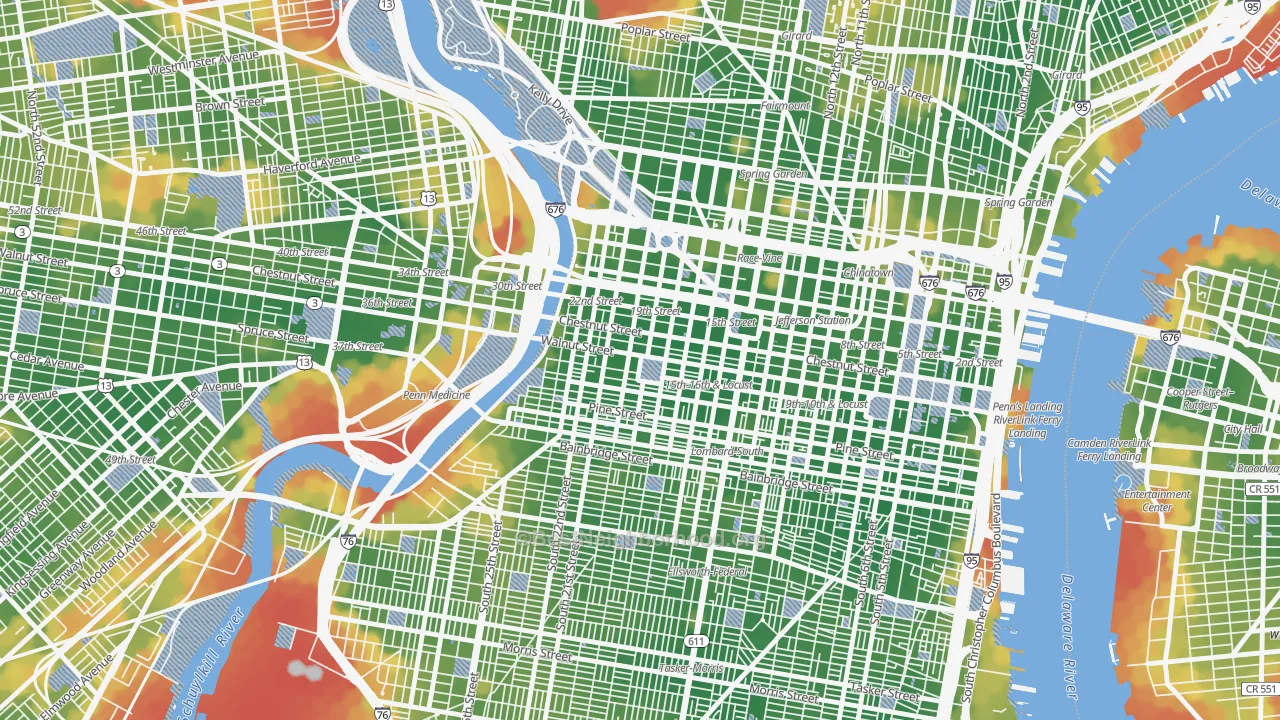 Walk Grade map of Rittenhouse Square, Philadelphia, PA, walkable areas in green and car-dependent areas in red
