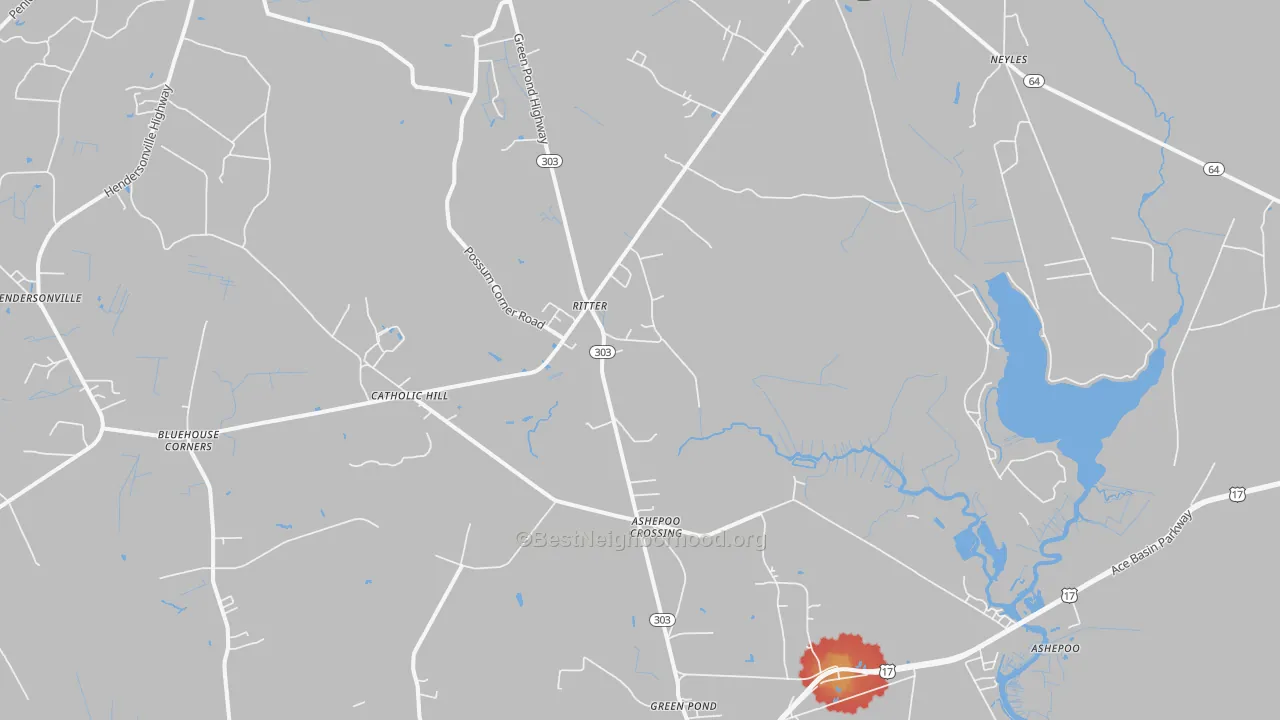 Walk Grade map of Ritter, SC, walkable areas in green and car-dependent areas in red