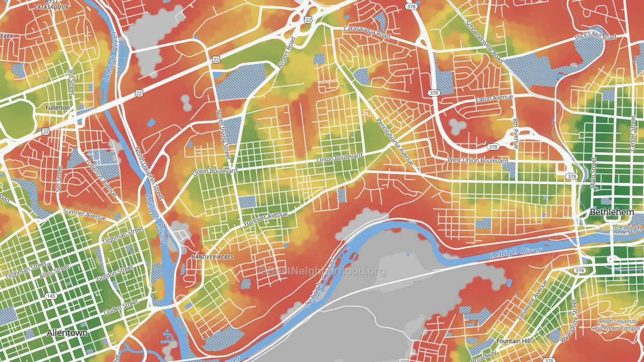 Walk Grade map of Rittersville, Allentown, PA, walkable areas in green and car-dependent areas in red