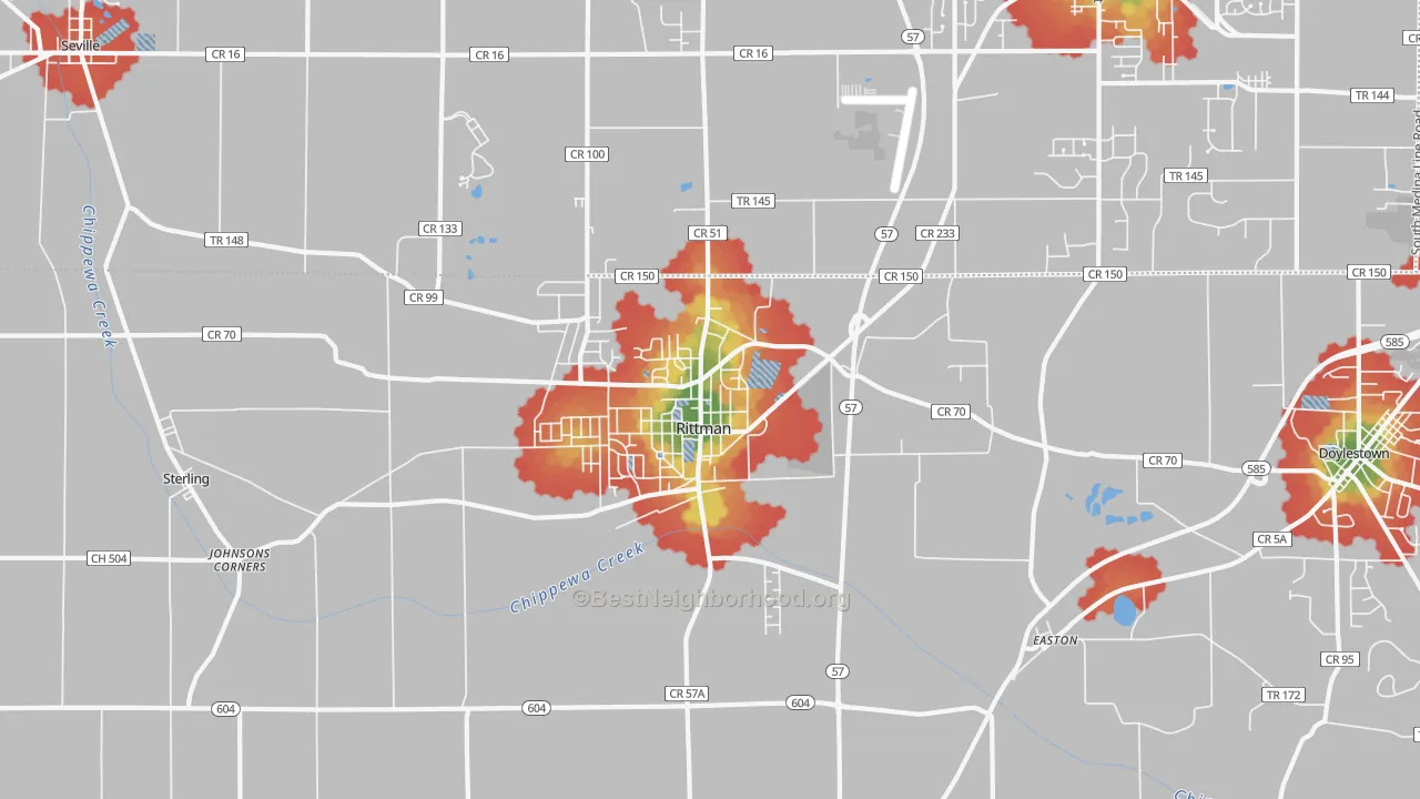 Walk Grade map of Rittman, OH, walkable areas in green and car-dependent areas in red