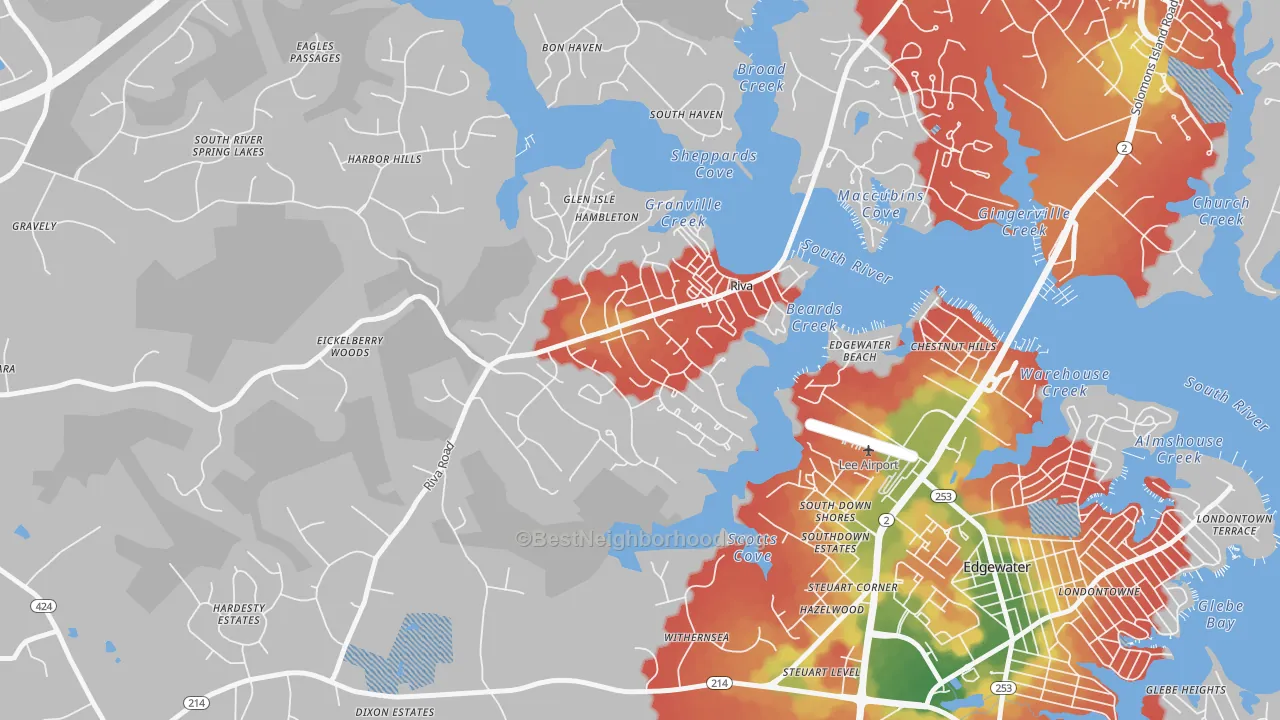 Walk Grade map of Riva, MD, walkable areas in green and car-dependent areas in red