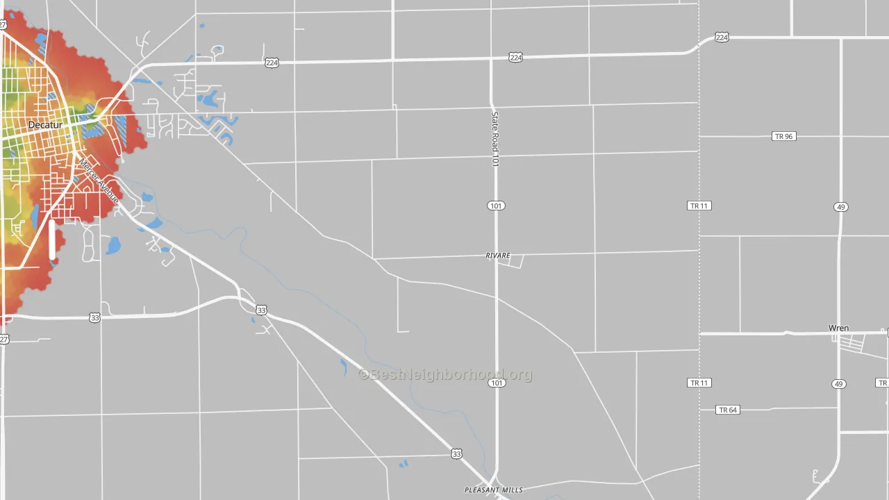 Walk Grade map of Rivare, IN, walkable areas in green and car-dependent areas in red