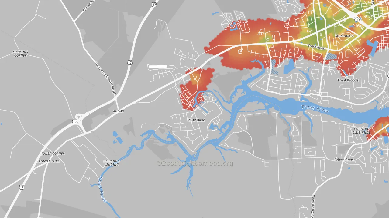 Walk Grade map of River Bend, NC, walkable areas in green and car-dependent areas in red