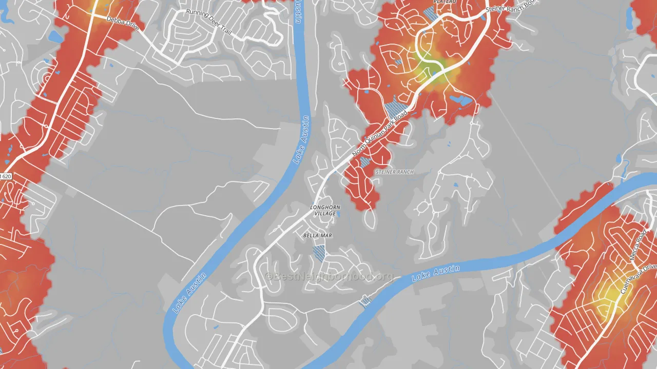 Walk Grade map of River Dance at Steiner Ranch, Austin, TX, walkable areas in green and car-dependent areas in red