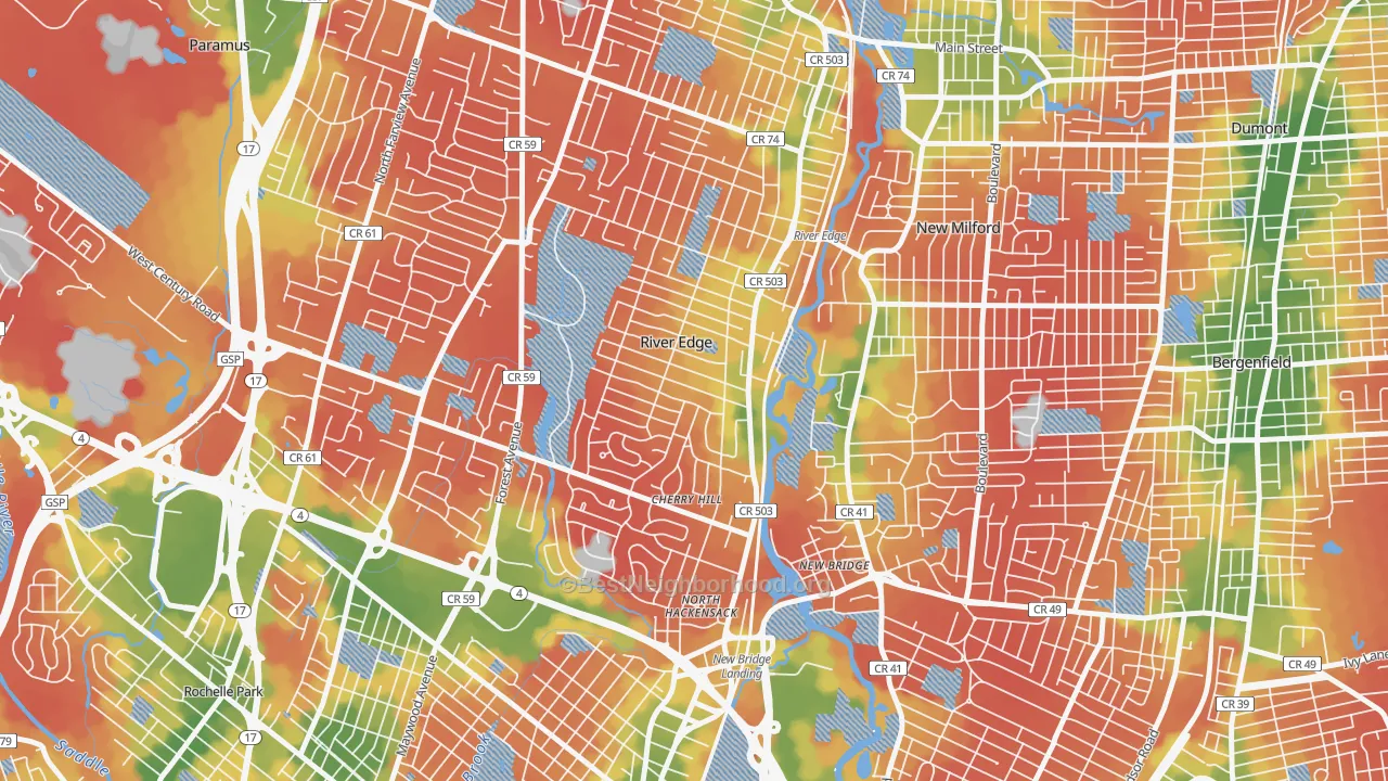 Walk Grade map of River Edge, NJ, walkable areas in green and car-dependent areas in red