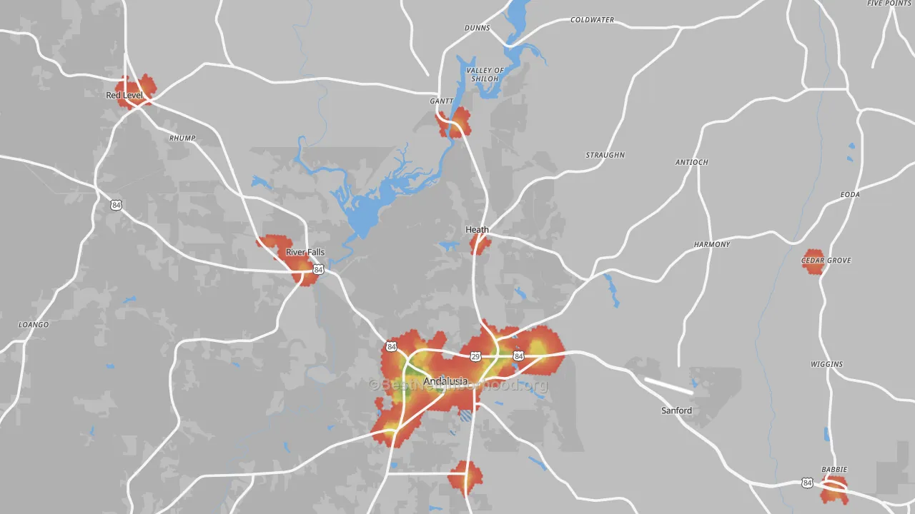 Walk Grade map of River Falls, AL, walkable areas in green and car-dependent areas in red