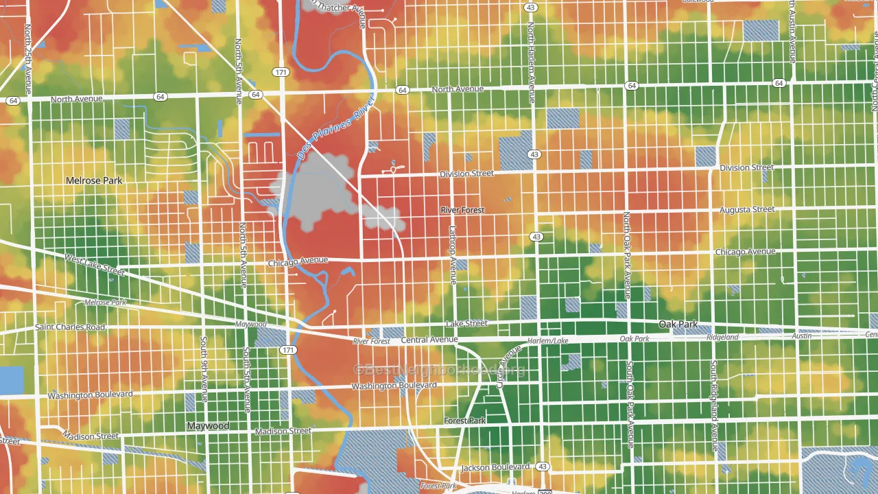 Walk Grade map of River Forest, IL, walkable areas in green and car-dependent areas in red