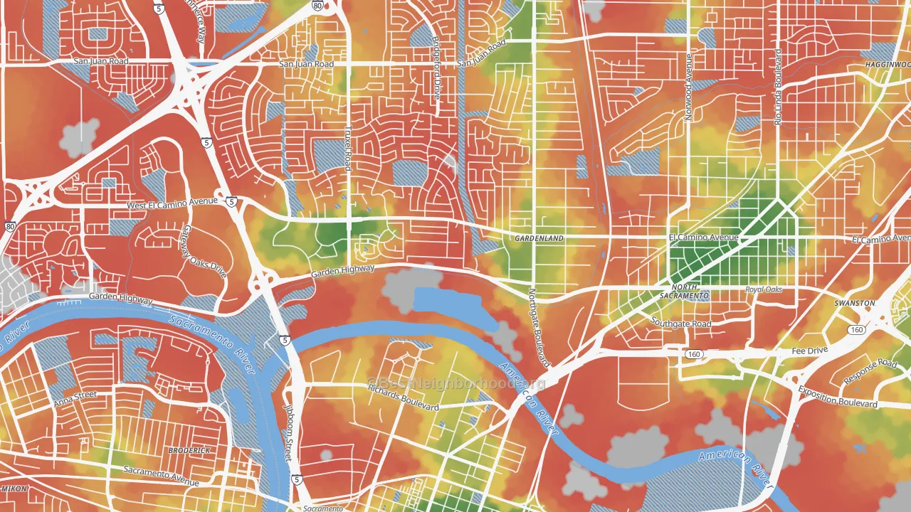 Walk Grade map of River Gardens, Sacramento, CA, walkable areas in green and car-dependent areas in red