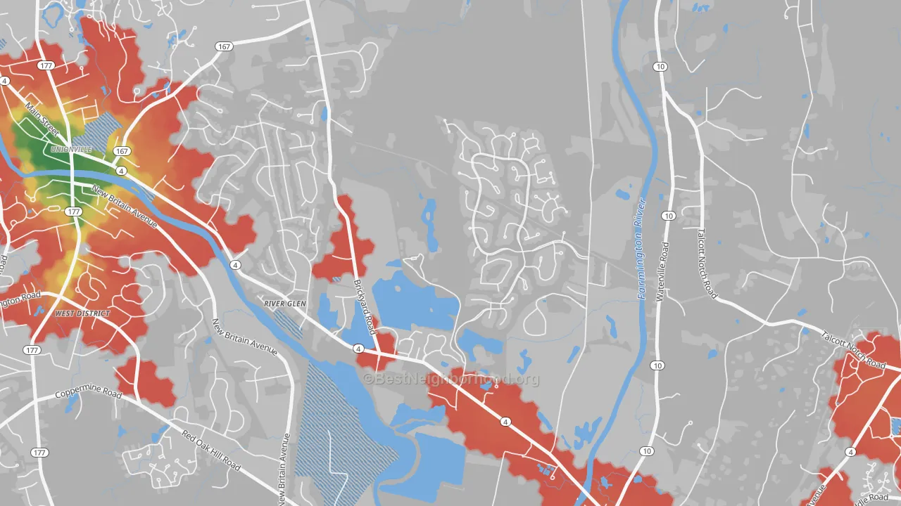 Walk Grade map of River Glen, CT, walkable areas in green and car-dependent areas in red