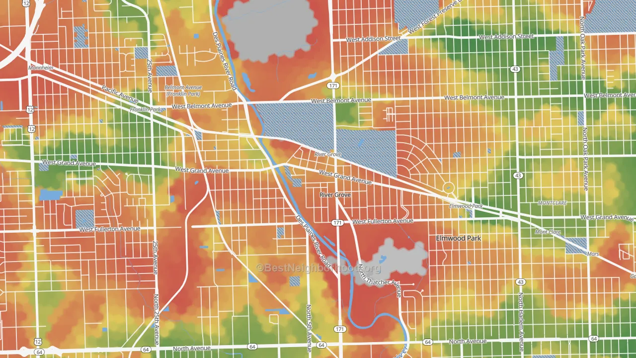 Walk Grade map of River Grove, IL, walkable areas in green and car-dependent areas in red