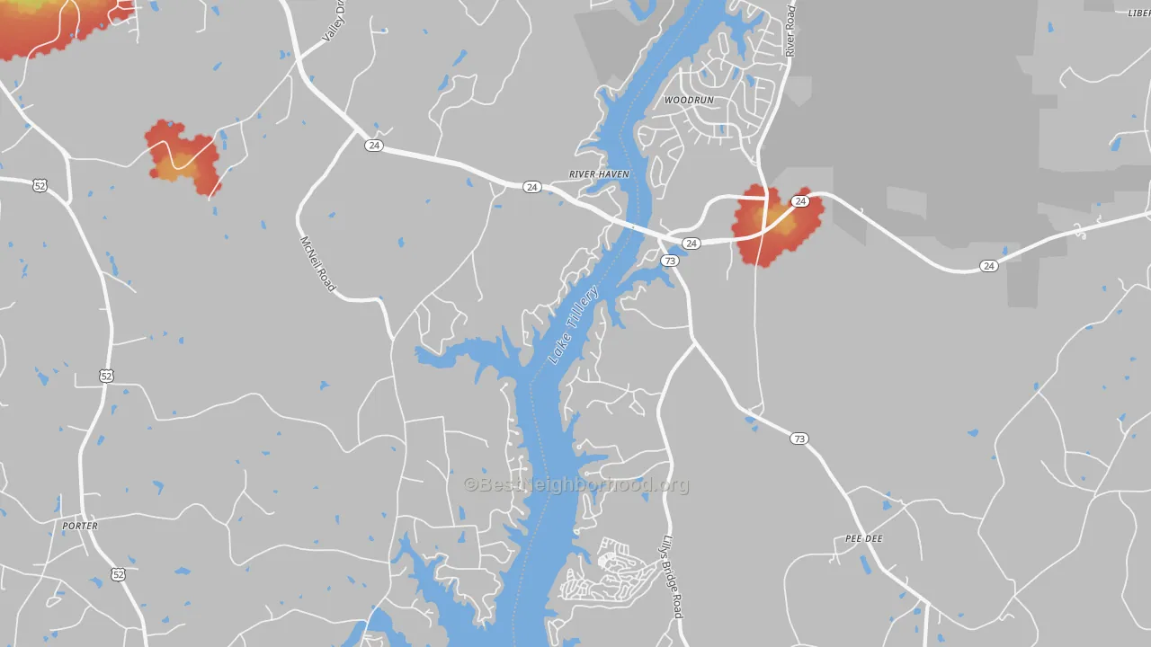 Walk Grade map of River Haven, NC, walkable areas in green and car-dependent areas in red