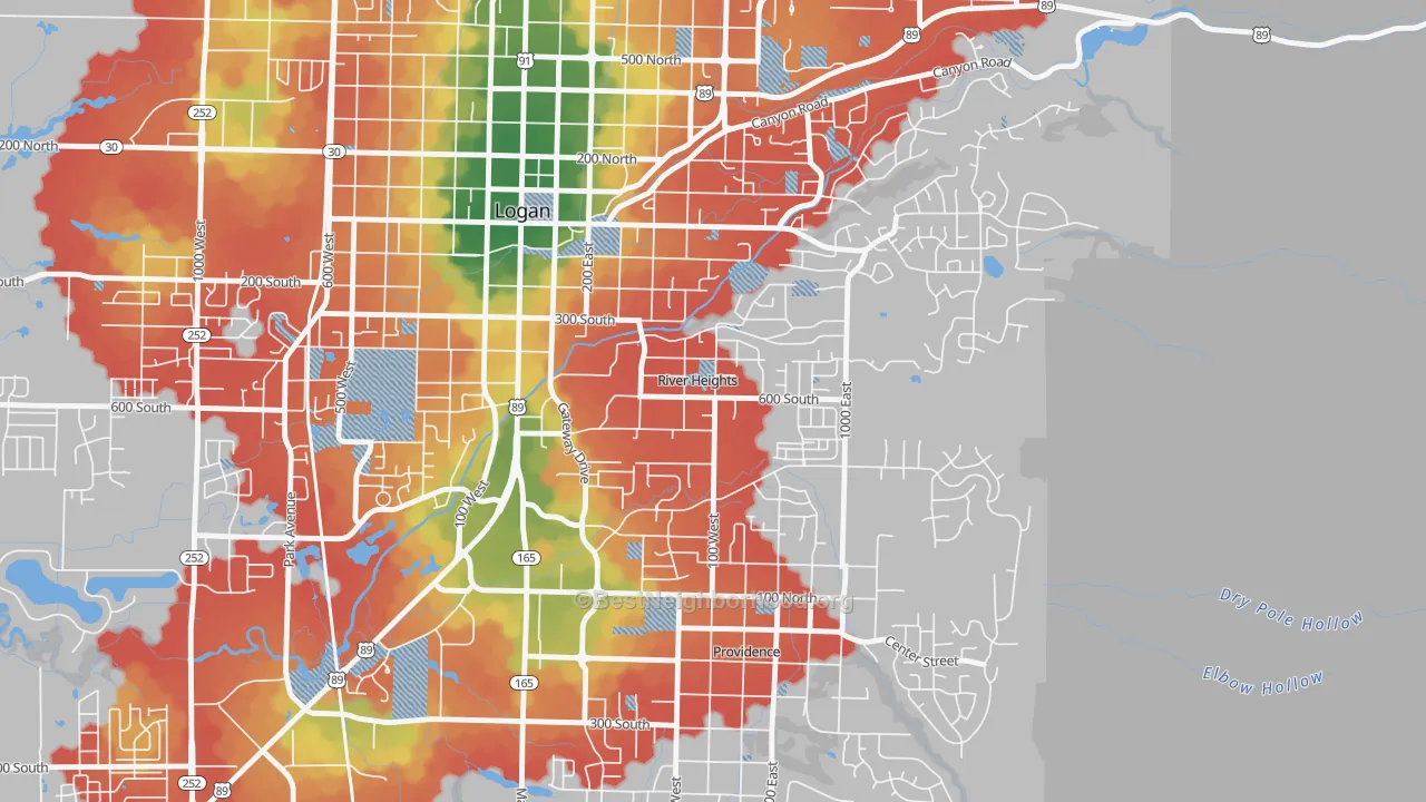 Walk Grade map of River Heights, UT, walkable areas in green and car-dependent areas in red