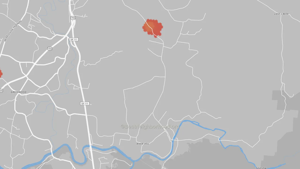 Walk Grade map of River Hill, TN, walkable areas in green and car-dependent areas in red
