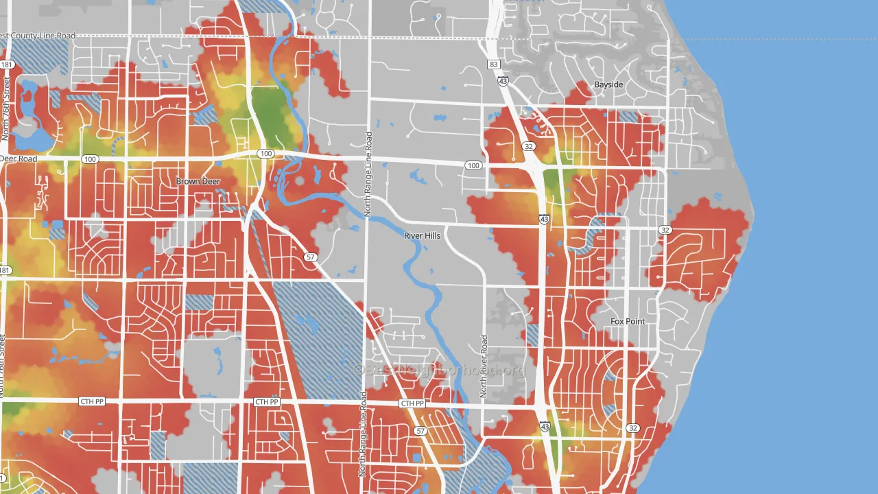 Walk Grade map of River Hills, WI, walkable areas in green and car-dependent areas in red