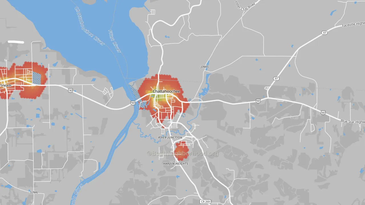 Walk Grade map of River Junction, FL, walkable areas in green and car-dependent areas in red