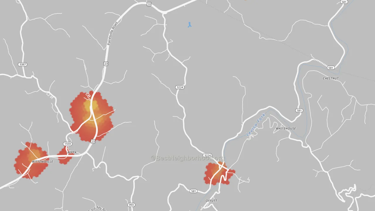 Walk Grade map of River, KY, walkable areas in green and car-dependent areas in red