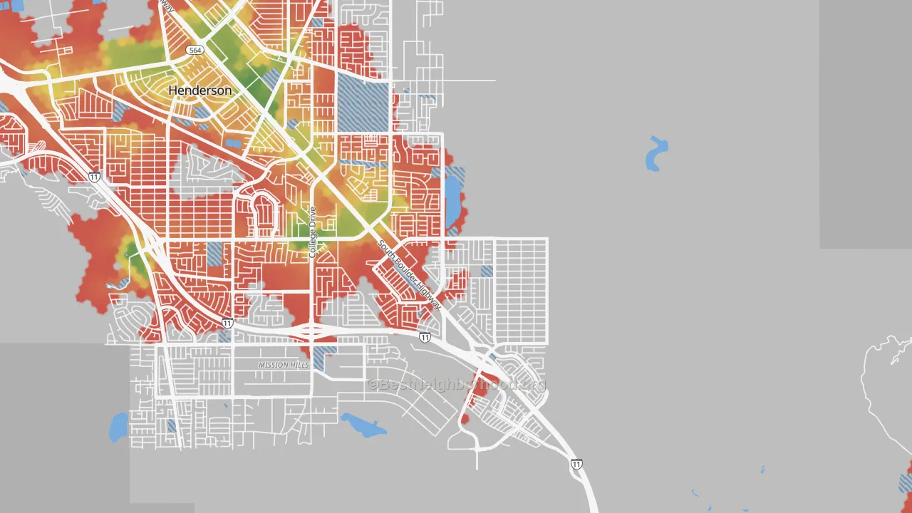 Walk Grade map of River Mountain, Henderson, NV, walkable areas in green and car-dependent areas in red