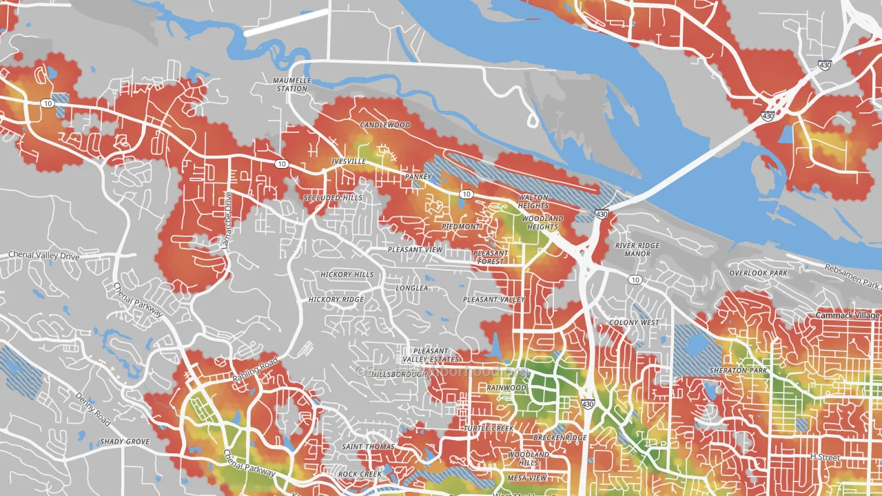 Walk Grade map of River Mountain, Little Rock, AR, walkable areas in green and car-dependent areas in red