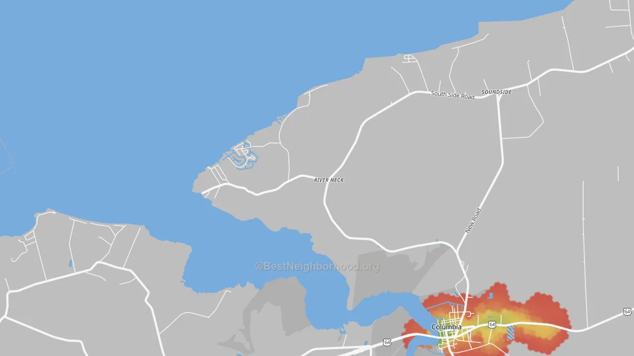 Walk Grade map of River Neck, NC, walkable areas in green and car-dependent areas in red