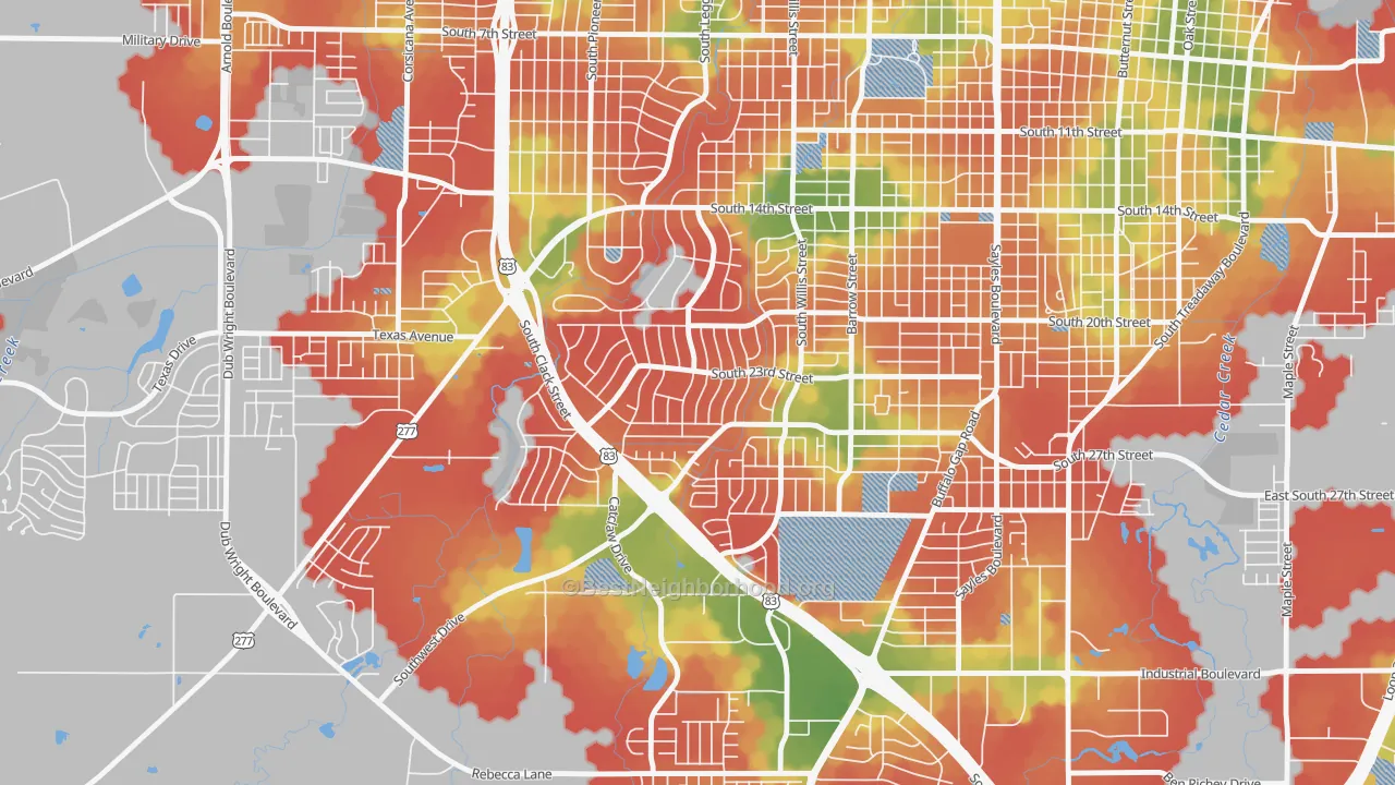 Walk Grade map of River Oaks-Brookhollow, Abilene, TX, walkable areas in green and car-dependent areas in red
