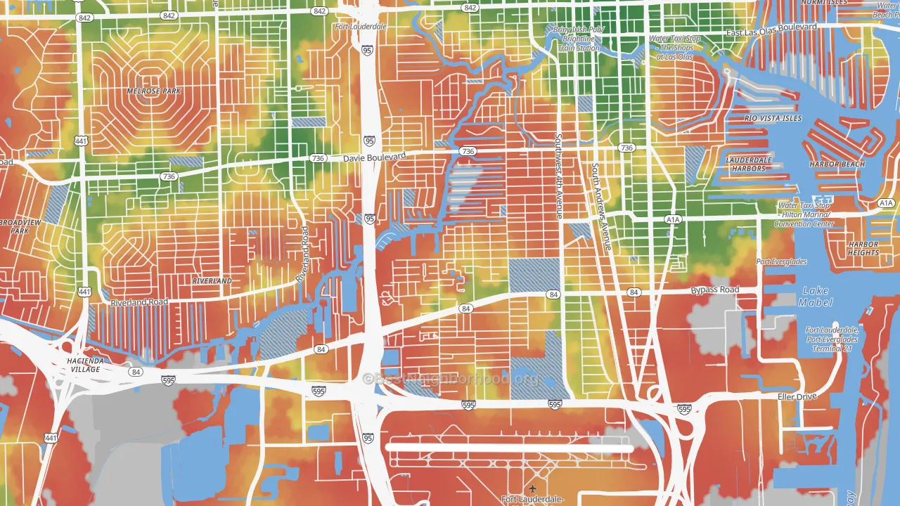 Walk Grade map of River Oaks, Fort Lauderdale, FL, walkable areas in green and car-dependent areas in red