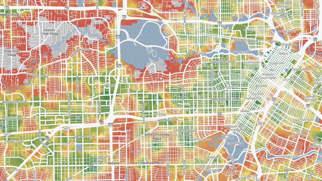 Walk Grade map of River Oaks, Houston, TX, walkable areas in green and car-dependent areas in red