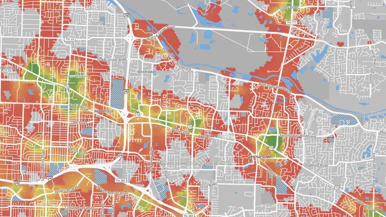 Walk Grade map of River Oaks-Kirby-Balmoral, Memphis, TN, walkable areas in green and car-dependent areas in red