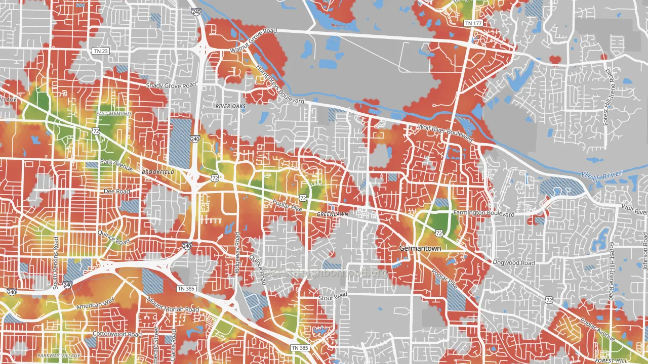 Walk Grade map of River Oaks, Memphis, TN, walkable areas in green and car-dependent areas in red