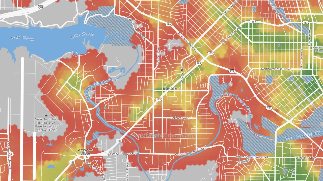 Walk Grade map of River Oaks, TX, walkable areas in green and car-dependent areas in red