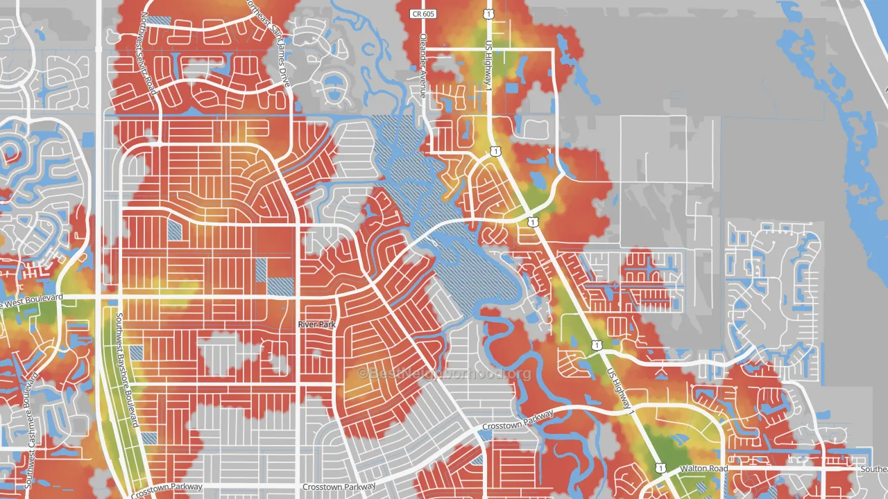 Walk Grade map of River Park, Port St. Lucie, FL, walkable areas in green and car-dependent areas in red