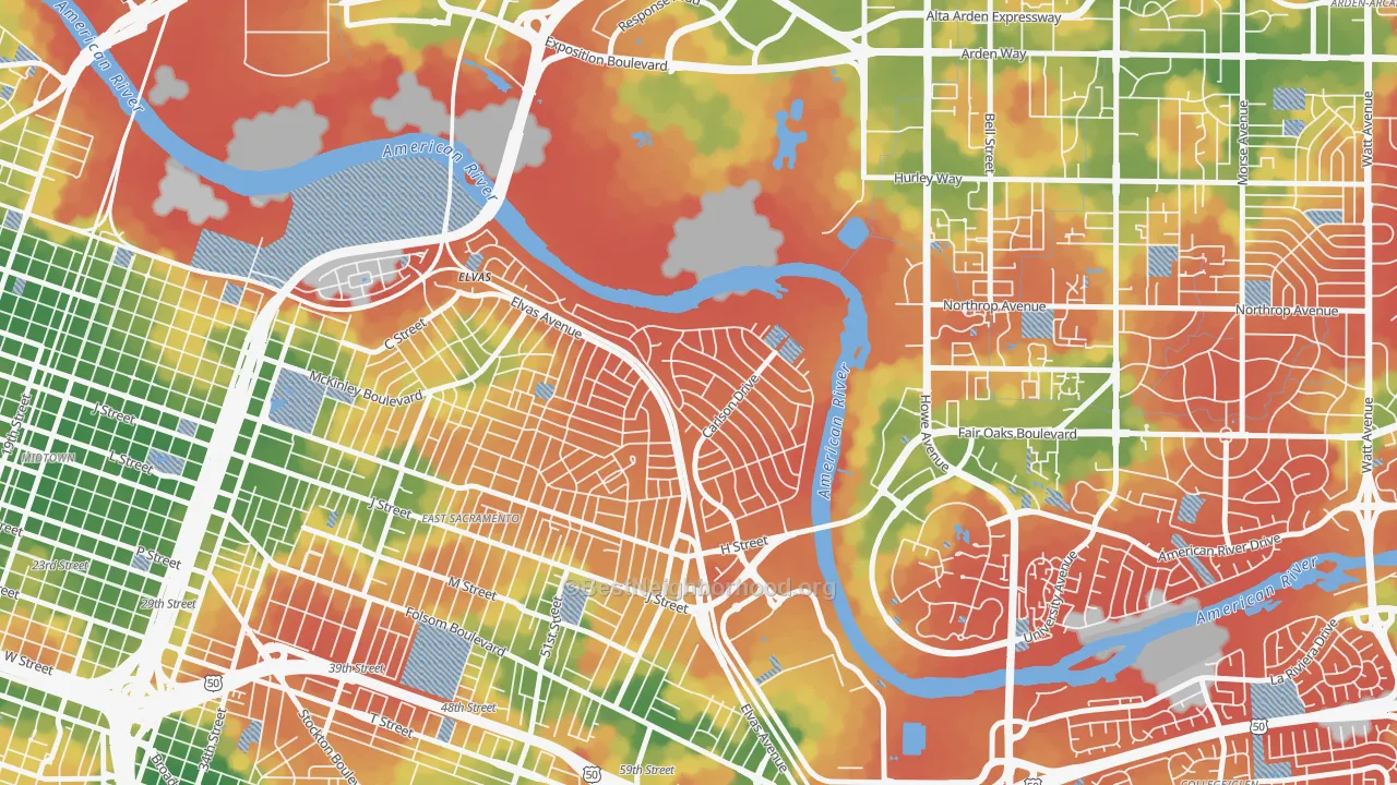 Walk Grade map of River Park, Sacramento, CA, walkable areas in green and car-dependent areas in red