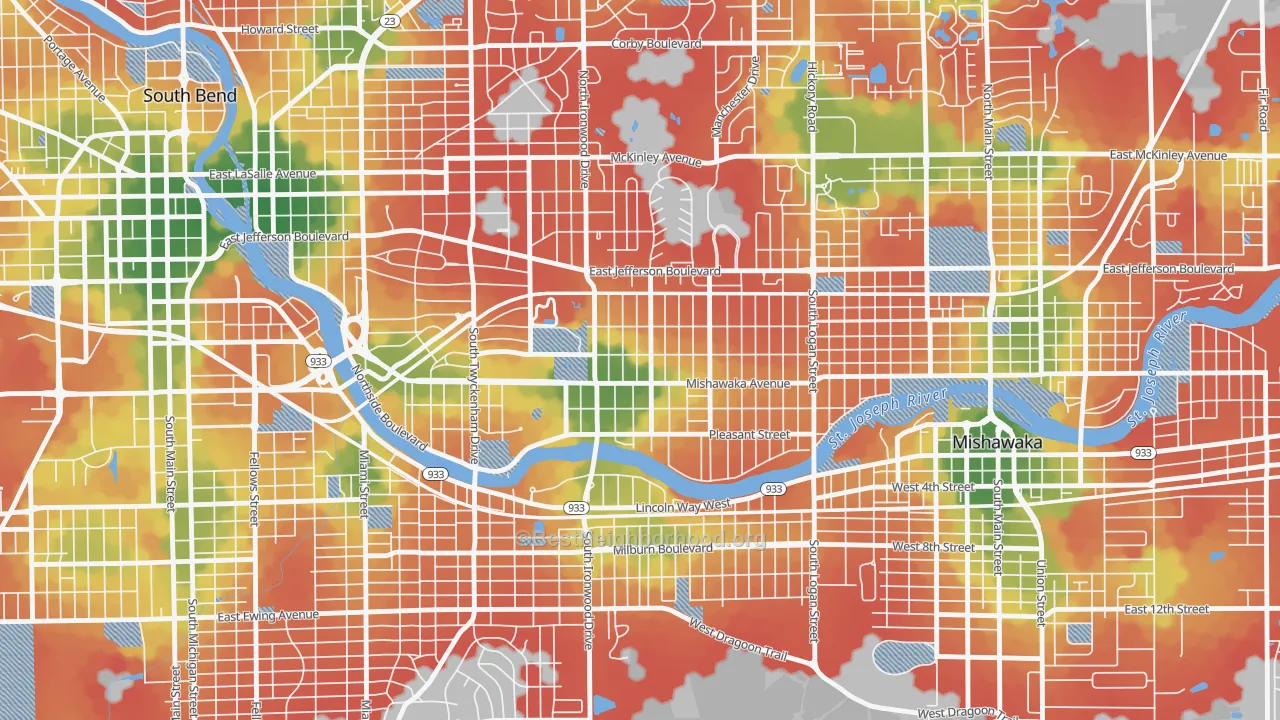 Walk Grade map of River Park, South Bend, IN, walkable areas in green and car-dependent areas in red