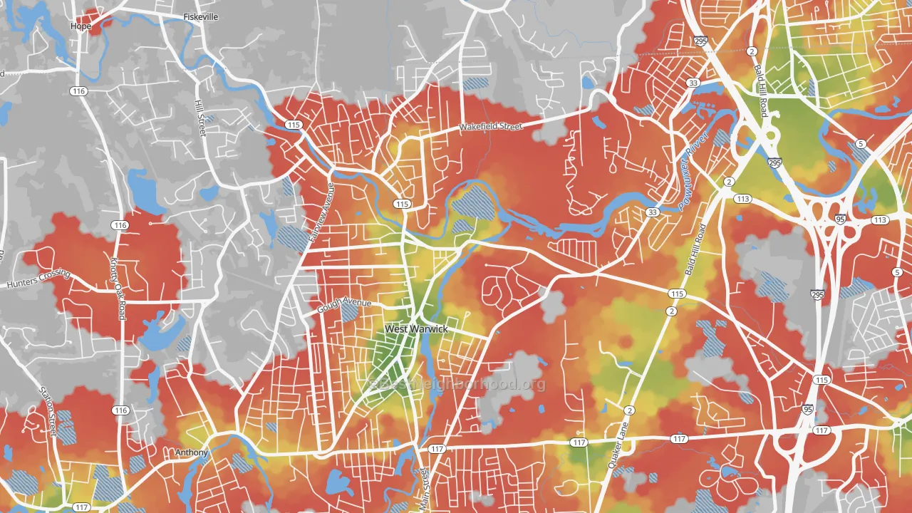 Walk Grade map of River Point, West Warwick, RI, walkable areas in green and car-dependent areas in red