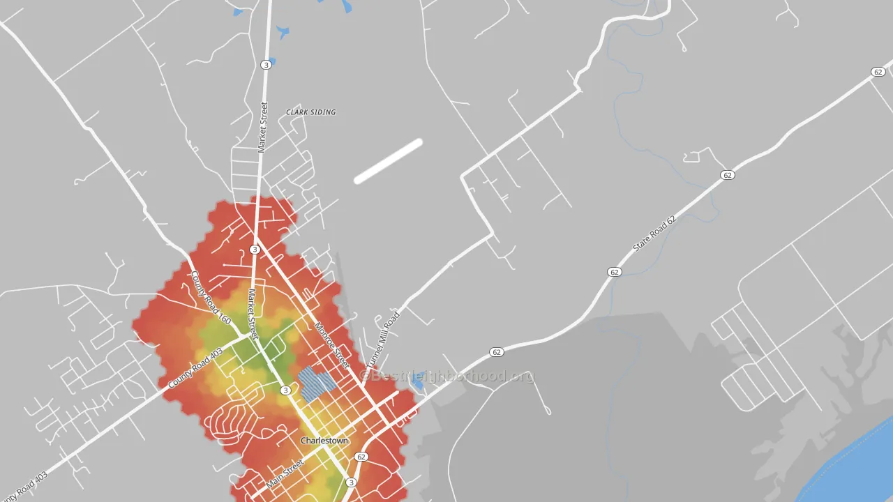 Walk Grade map of River Ridge, IN, walkable areas in green and car-dependent areas in red