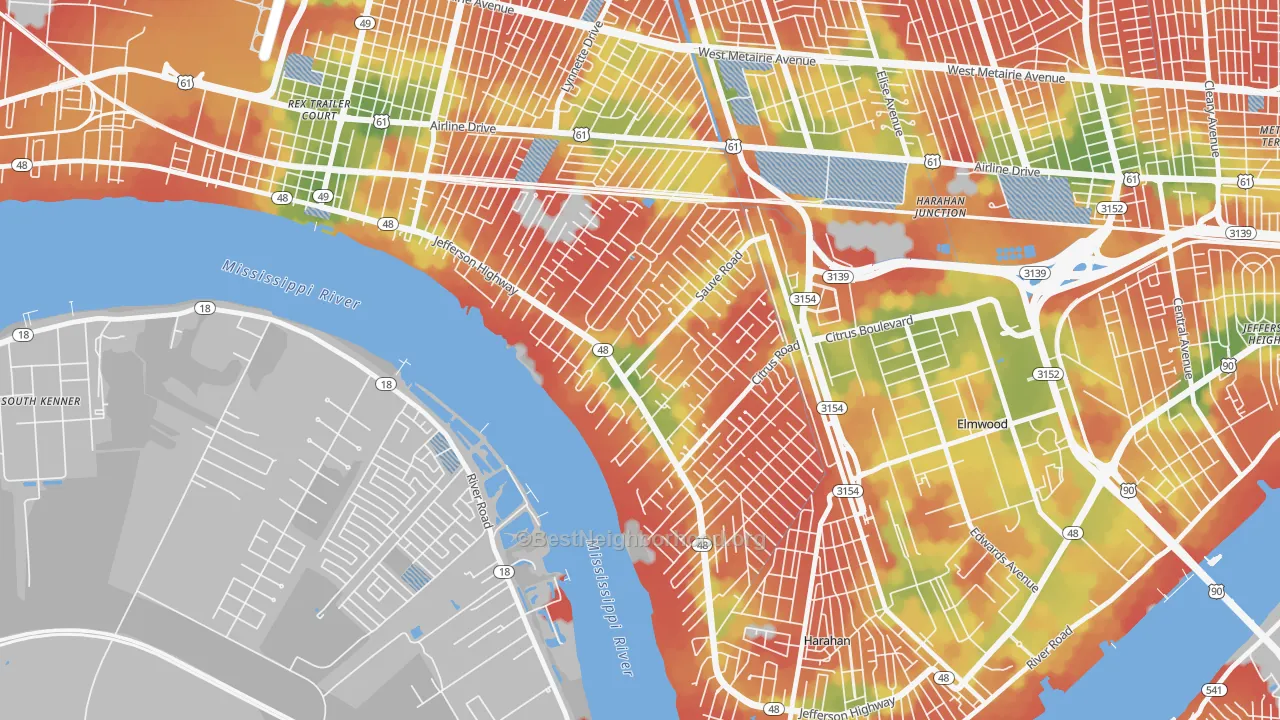 Walk Grade map of River Ridge, LA, walkable areas in green and car-dependent areas in red
