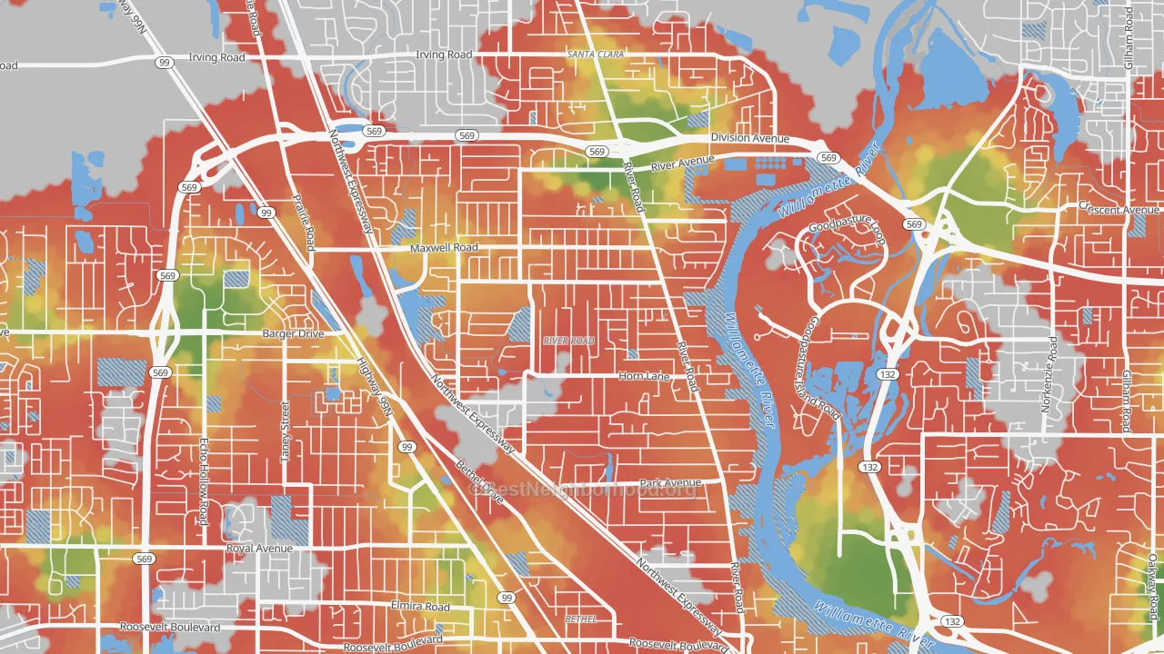 Walk Grade map of River Road, Eugene, OR, walkable areas in green and car-dependent areas in red