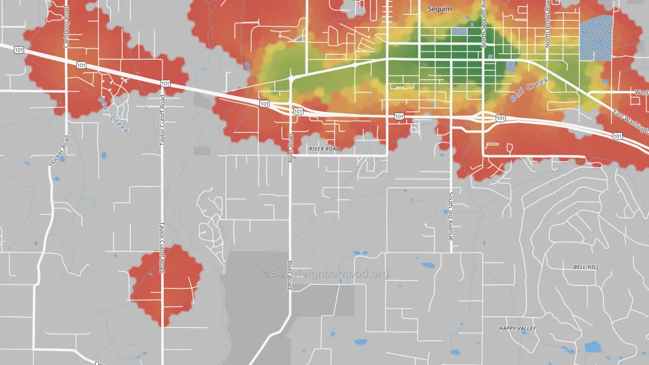 Walk Grade map of River Road, WA, walkable areas in green and car-dependent areas in red