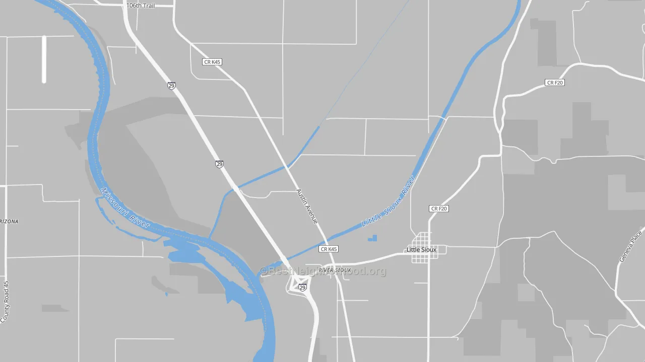 Walk Grade map of River Sioux, IA, walkable areas in green and car-dependent areas in red